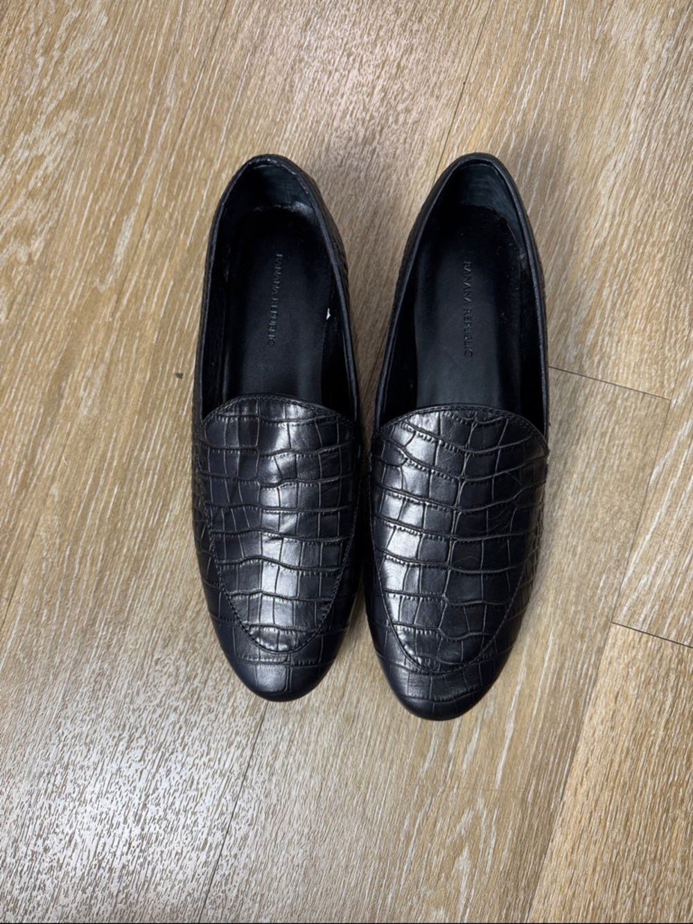 Banana Republic Demi Black Croc Leather Loafers Slip On Smoking Slipper Flats - Picture 2 of 8